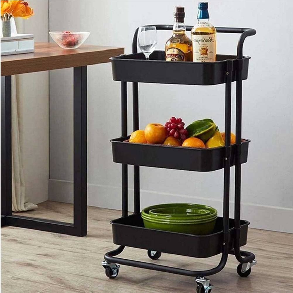 Image of Carrello Trolley Cucina 4ruote 3 Ripiani in Metallo 43x36 H85 Salvaspazio Nero