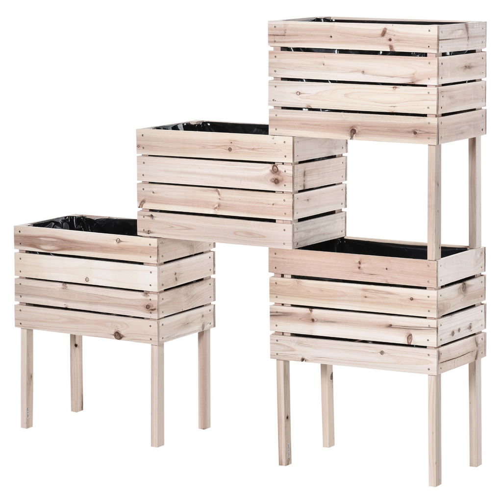 Image of LETTO PER ORTO RIALZATO CON 4 VASI PORTAPIANTE DA 50X30X60CM, FIORIERA DA ESTERNO IN LEGNO COLORE NATURALE