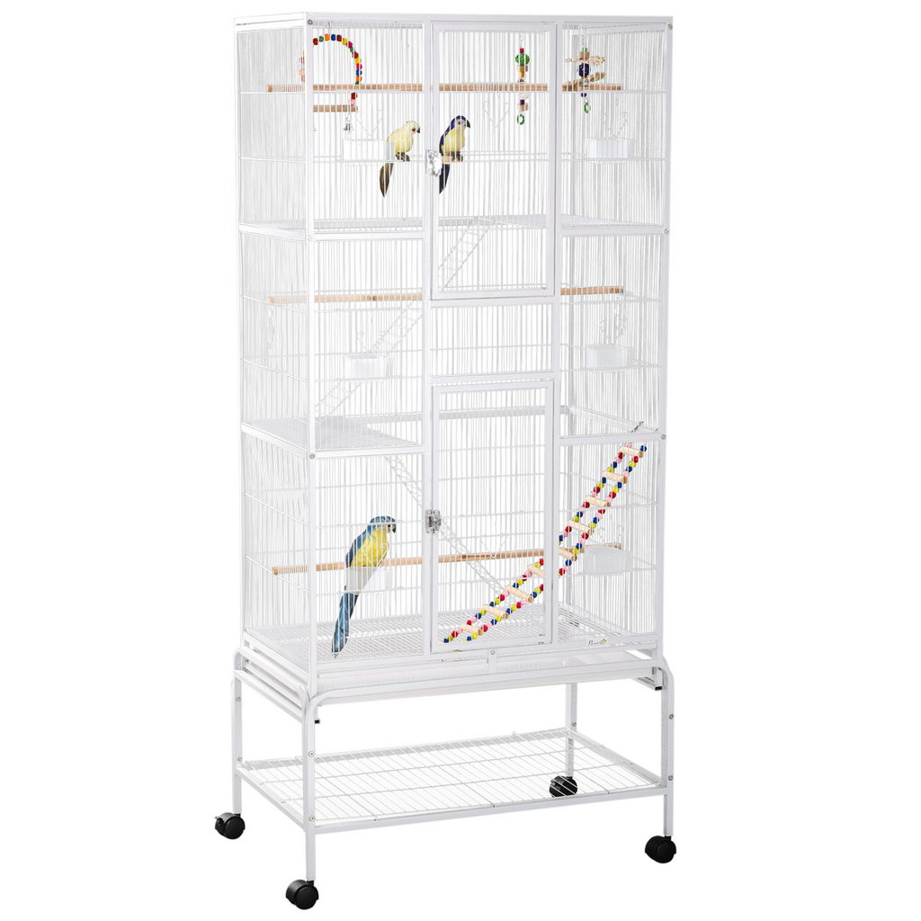 Image of GABBIA PER UCCELLI IN ACCIAIO E PP CON POSATOI, GIOCHI, CONTENITORI PER CIBO E VASSOIO, 83X53X180 CM, BIANCO
