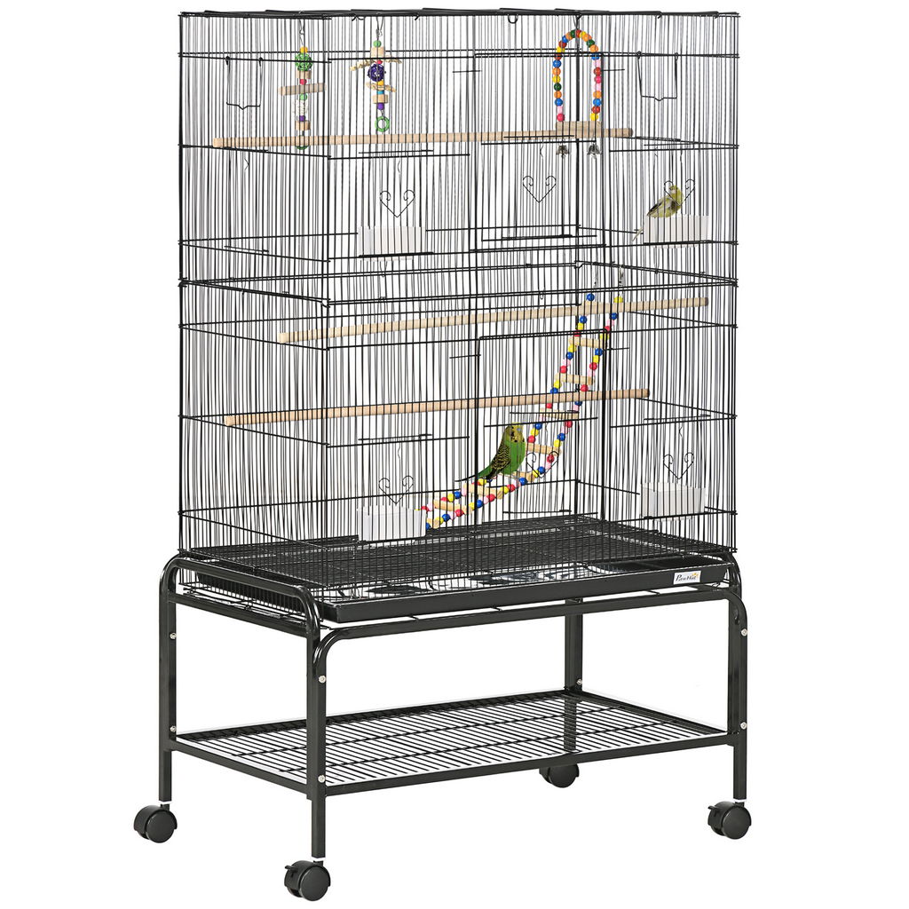 Image of GABBIA PER UCCELLI IN ACCIAIO CON POSATOI, GIOCHI, CONTENITORI PER CIBO E VASSOIO, 79X49X133 CM, NERO