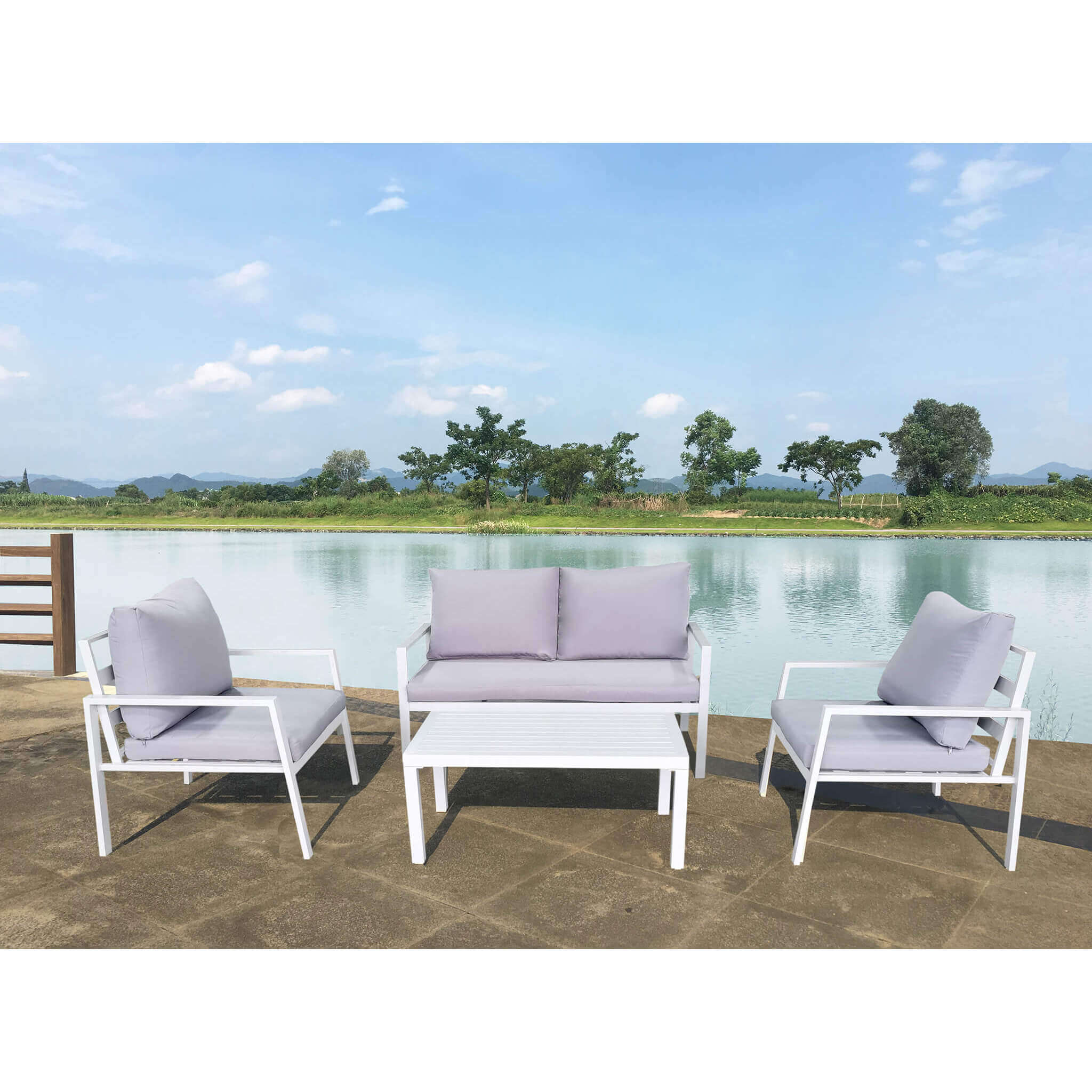 SALOTTO HELSINKI CON DIVANO A DUE POSTI, POLTRONE E TAVOLINO BIANCO