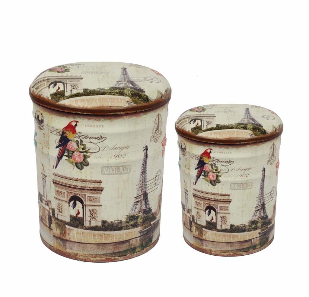 Image of SET DI 2 POUF CONTENITORE TONDI MULTIFUNZIONALI CON STAMPA PARIGI