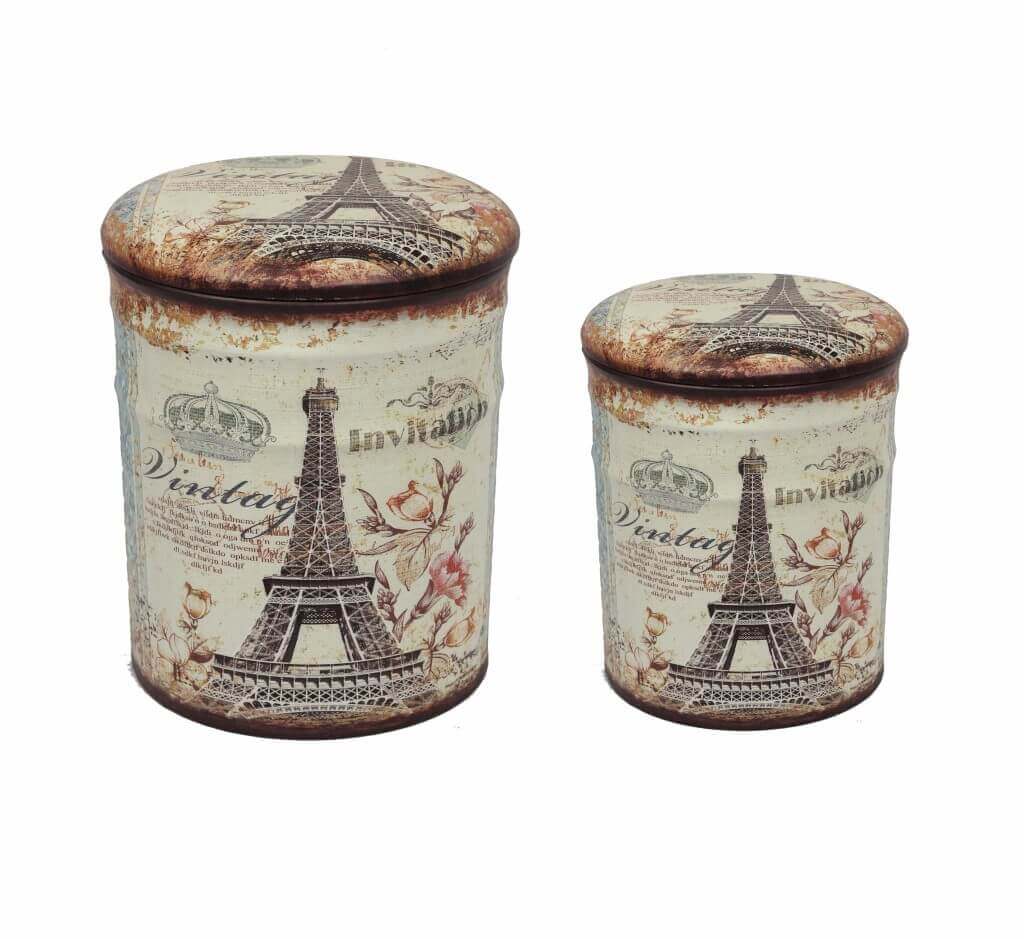 Image of SET DI 2 POUF CONTENITORE TONDI MULTIFUNZIONALI CON STAMPA TORRE EIFFEL