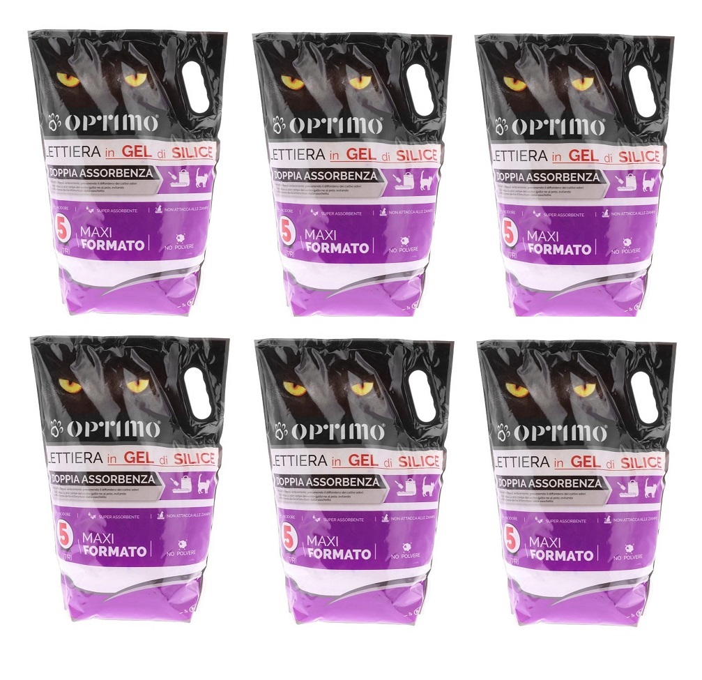 OPTIMO SET 6 LETTIERE PER ANIMALI IN GEL DI SILICE CON ASSORBENZA DI 5 LT
