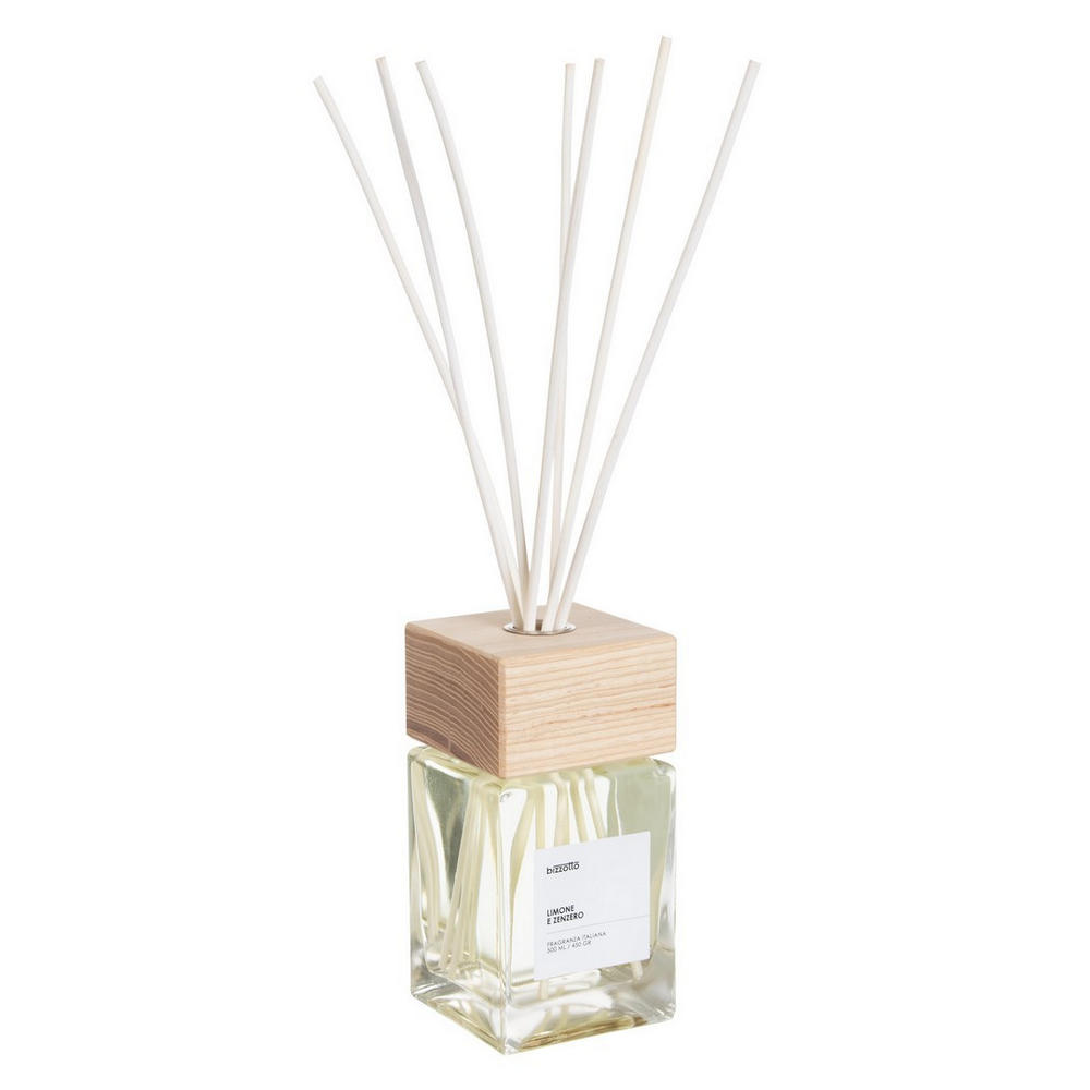 Diffusore per Ambienti con Bastoncini e Tappo in Legno Bizzotto Formato: 500 ml, Fragranza: Limone e Zenzero