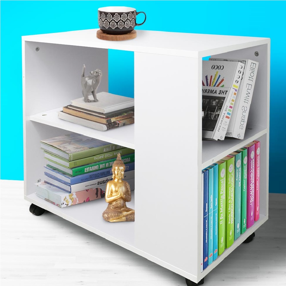 Image of Mobiletto Tavolino con 4 Ruote 70x35 H 61cm Multiuso il Legno 2 Ripiani Bianco