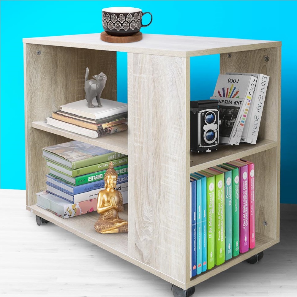 Image of Mobiletto Tavolino con 4 Ruote 70x35 H 61cm Multiuso il Legno 2 Ripiani Beige