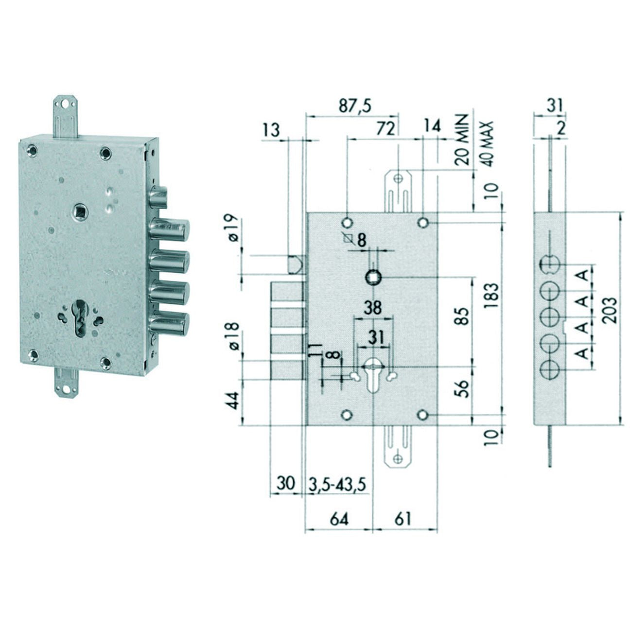 Serratura triplice applicare con scrocco cil. europeo blindate 56515 - mm.64 dx/sx (56515480)