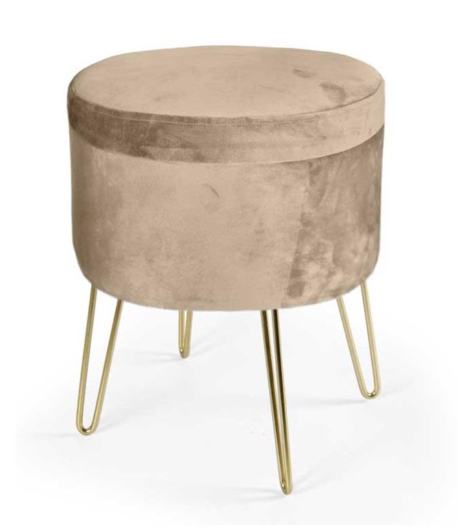Image of POUF CONTENITORE IN VELLUTO CON GAMBE ORO 38X38XH46 CM COLORE BEIGE