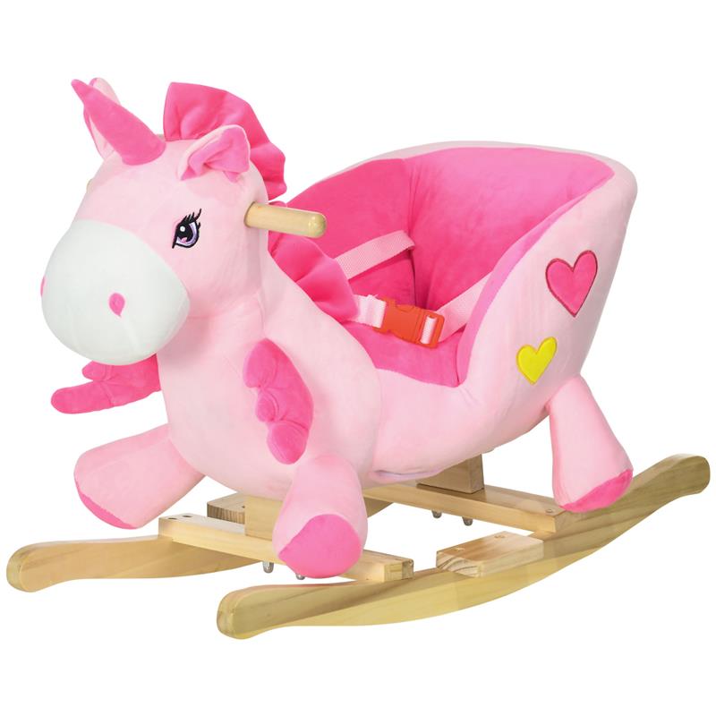 Image of CAVALLO A DONDOLO UNICORNO CON 32 CANZONI, BASE IN LEGNO E CINTURA DI SICUREZZA, ETÀ 18-36 MESI, ROSA