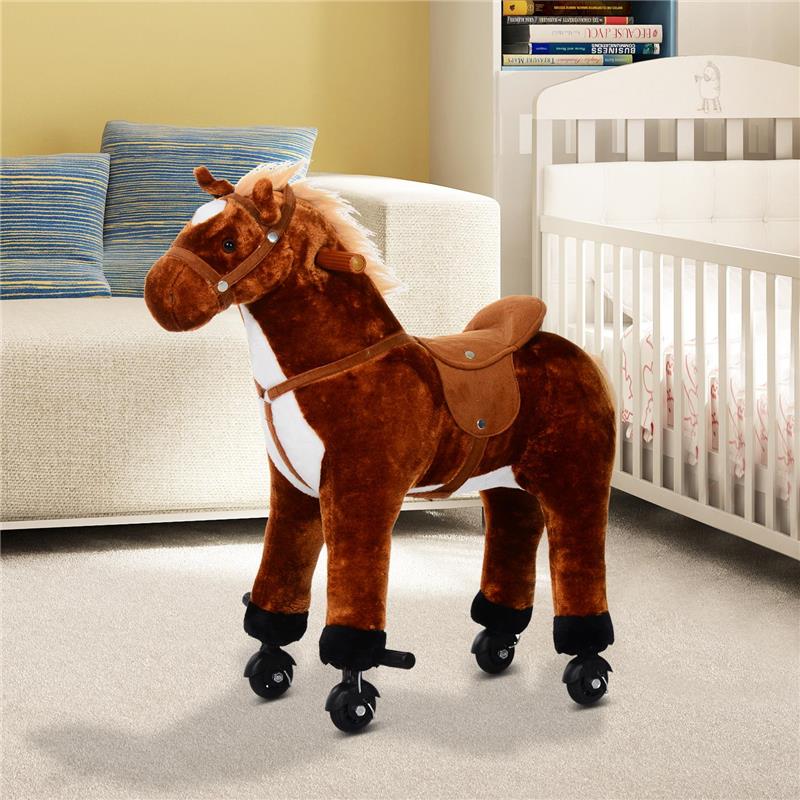 Image of CAVALLO CAVALCABILE PER BAMBINI IN PELUCHE CON SUONI E RUOTE MARRONE