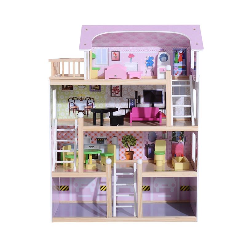 Image of CASA DELLE BAMBOLE A 4 PIANI IN LEGNO CON ACCESSORI ROSA 60 X 30 X 80 CM