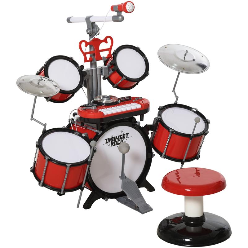 Image of SET BATTERIA GIOCATTOLO CON MOLTI EFFETTI SONORI E MICROFONO PER BAMBINI ROSSO