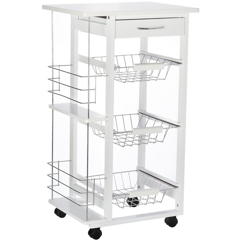 Image of CARRELLO DA CUCINA SALVASPAZIO IN LEGNO CON 4 RUOTE 3 CESTI ESTRAIBILI BIANCO