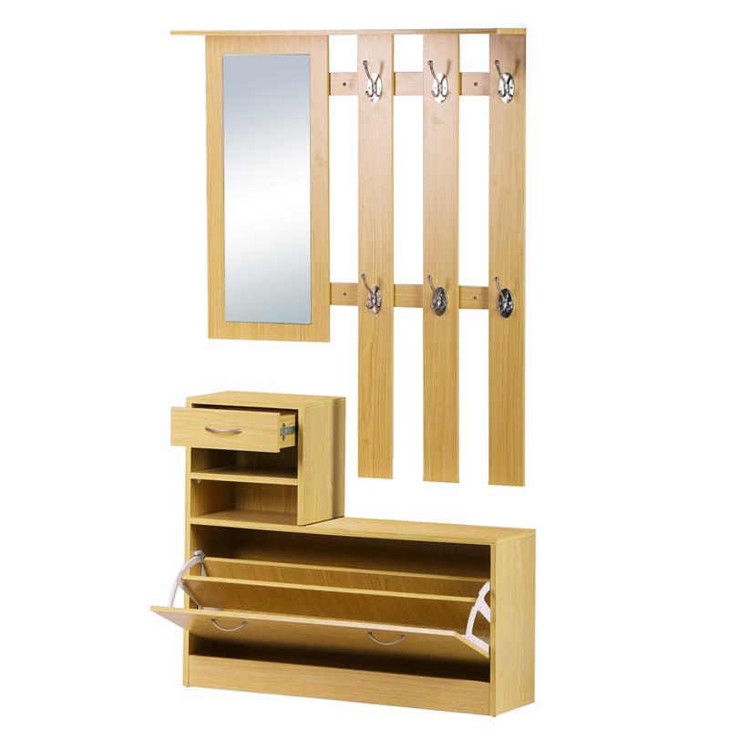 Image of MOBILE GUARDAROBA SCARPIERA REGOLABILE E SPECCHIO CON APPENDIABITI 6 GANCI PER INGRESSO E CAMERA DA LETTO 90X22X116CM LEGNO
