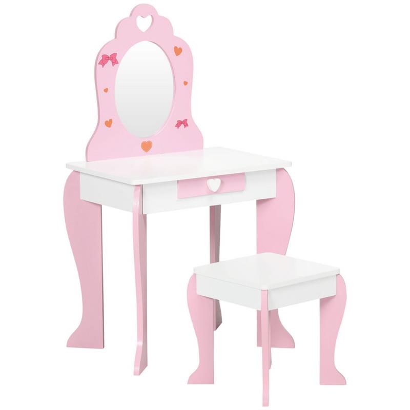 Image of SET TAVOLO TRUCCO CON SGABELLO, SPECCHIO E CASSETTO PER BIMBI 3-6 ANNI, BIANCO E ROSA