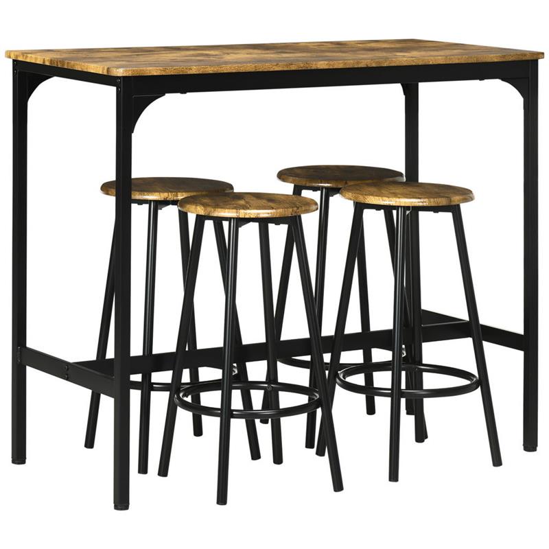 Image of SET DA BAR 5 PEZZI CON TAVOLO ALTO E 4 SGABELLI STILE INDUSTRIALE, MARRONE E NERO