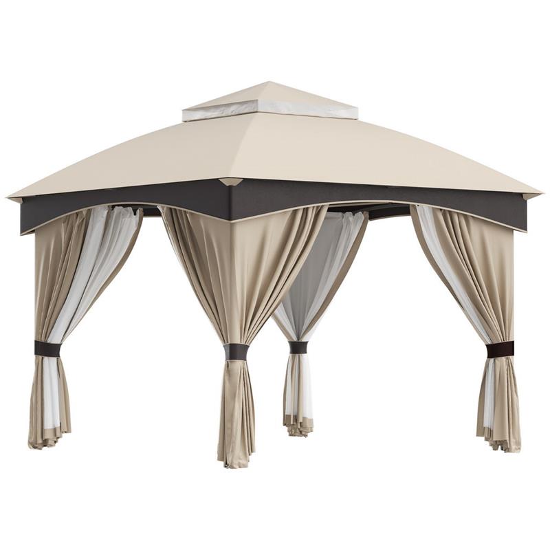 Image of GAZEBO DA GIARDINO 3X3 M IN ACCIAIO CON DOPPIO TETTUCCIO, RETI E TENDE INCLUSE, BEIGE E GRIGIO