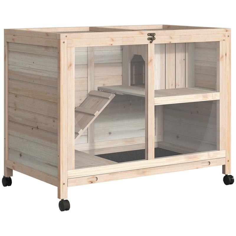 Image of CONIGLIERA IN LEGNO A 2 PIANI CON RAMPA E VASSOIO ESTRAIBILE 91.5X53X73CM