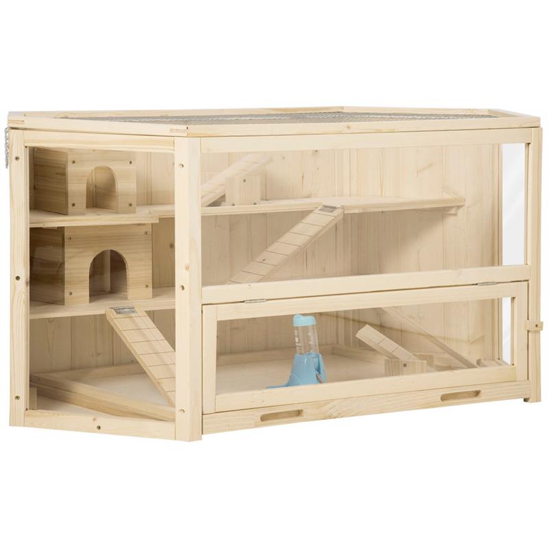 Image of CASETTA PER CRICETI IN LEGNO A 3 LIVELLI, CASA PER CRICETI E PICCOLI RODITORI CON TETTO APRIBILE E PARETE TRASPARENTE, 115X60X55CM