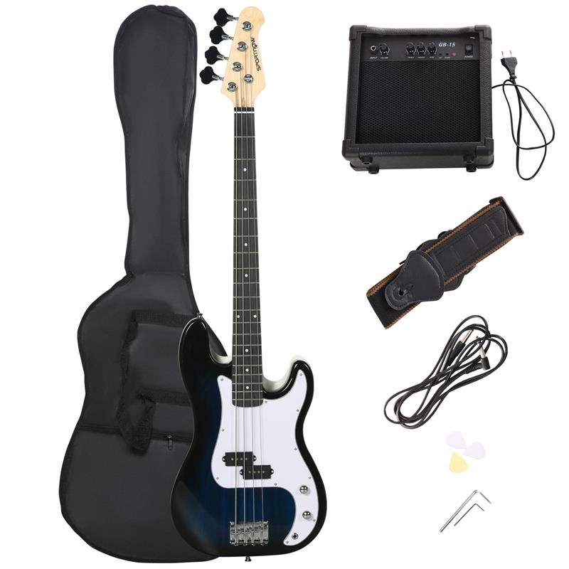 Image of SPORTNOW BASSO ELETTRICO 4 CORDE CON AMPLIFICATORE 15W, BORSA, TRACOLLA E PLETTRI, COLORE BLU SCURO