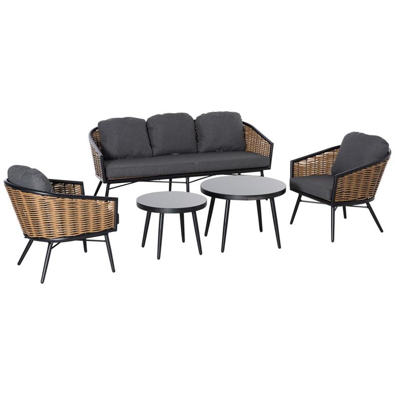Image of SET SALOTTINO DA ESTERNO CON 2 TAVOLINI DIVANO 3 POSTI E 2 POLTRONE CON CUSCINI