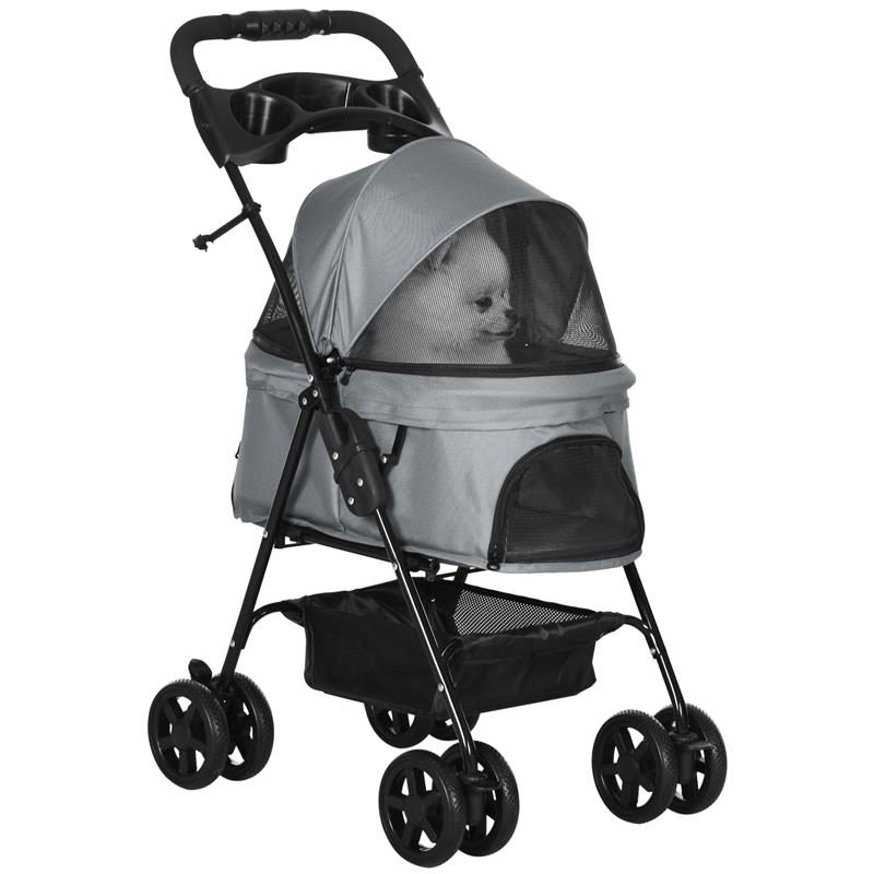 Image of PASSEGGINO PER CANI PIEGHEVOLE CON GUINZAGLIO DI SICUREZZA E CESTINO PORTAOGGETTI, GRIGIO