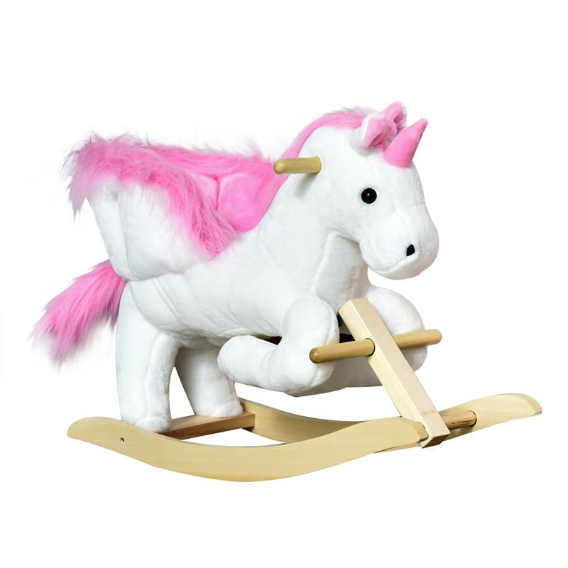 Image of CAVALLO A DONDOLO A FORMA DI UNICORNO CON MUSICA, STRUTTURA IN METALLO E LEGNO, RIVESTIMENTO PELUCHE, 65X32X55CM, BIANCO ROSA