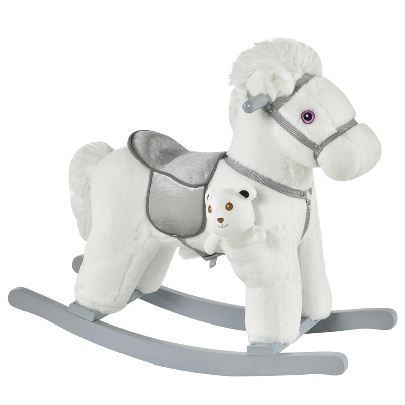 Image of CAVALLO A DONDOLO IN PELUCHE E LEGNO CON SUONI E ORSETTO INCLUSO, PER BIMBI DA 18-36 MESI, 65X26X55CM, BIANCO