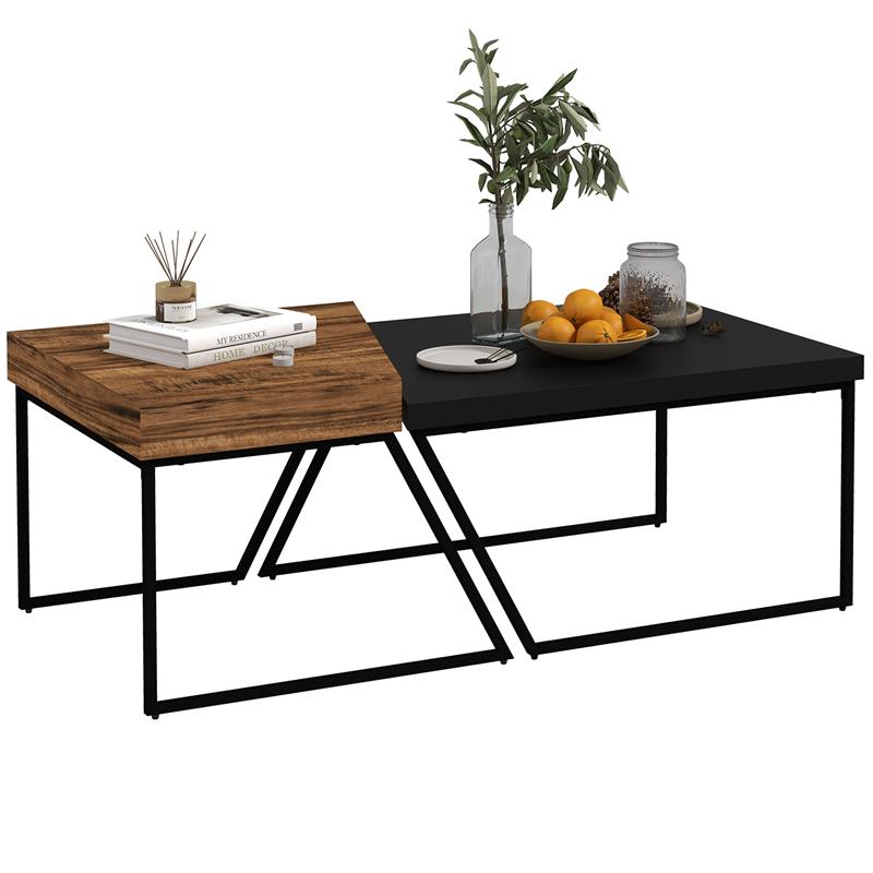 Image of SET 2 TAVOLINI DA CAFFÈ IN TRUCIOLATO E ACCIAIO, TAVOLO NERO 80X60X42 CM E TAVOLO MARRONE 60X60X46 CM