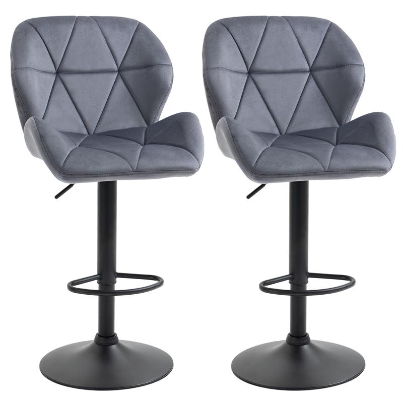 Image of SET 2 SGABELLI DA BAR CON ALTEZZA REGOLABILE BASE IN METALLO SEDUTA IN VELLUTO, SGABELLI CUCINA ALTI GIREVOLE CON SCHIENALE E POGGIAPIEDI, 51.5X57.5X93-114.5CM, GRIGIO
