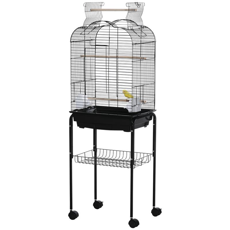 Image of GABBIA PER UCCELLI CON 3 POSATOI, 2 CIOTOLE E 2 PORTE LATERALI, IN ACCIAIO, PP E LEGNO, 46X36X130 CM, NERA