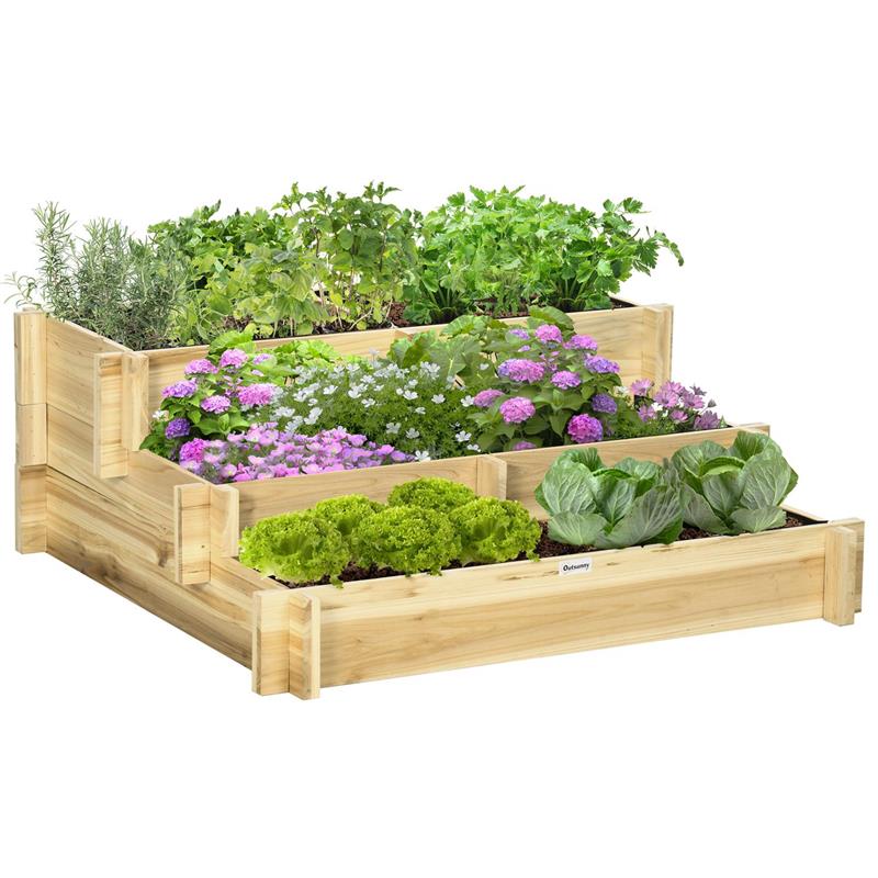 Image of ORTO RIALZATO A 3 LIVELLI IN LEGNO D'ABETE PER VERDURE, FIORI E PIANTE DA GIARDINO 93X93X35 CM