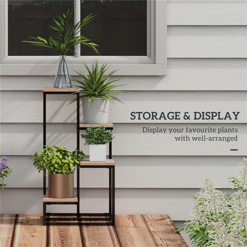 Scaffale Per Piante A 4 Livelli In Acciaio E Legno, 40X40X75.5 Cm, Marrone E Nero-image