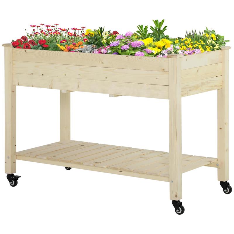 Image of LETTO PER ORTO RIALZATO IN LEGNO CON ROTELLE E RIPIANO INFERIORE, 118X55X83CM, LEGNO NATURALE