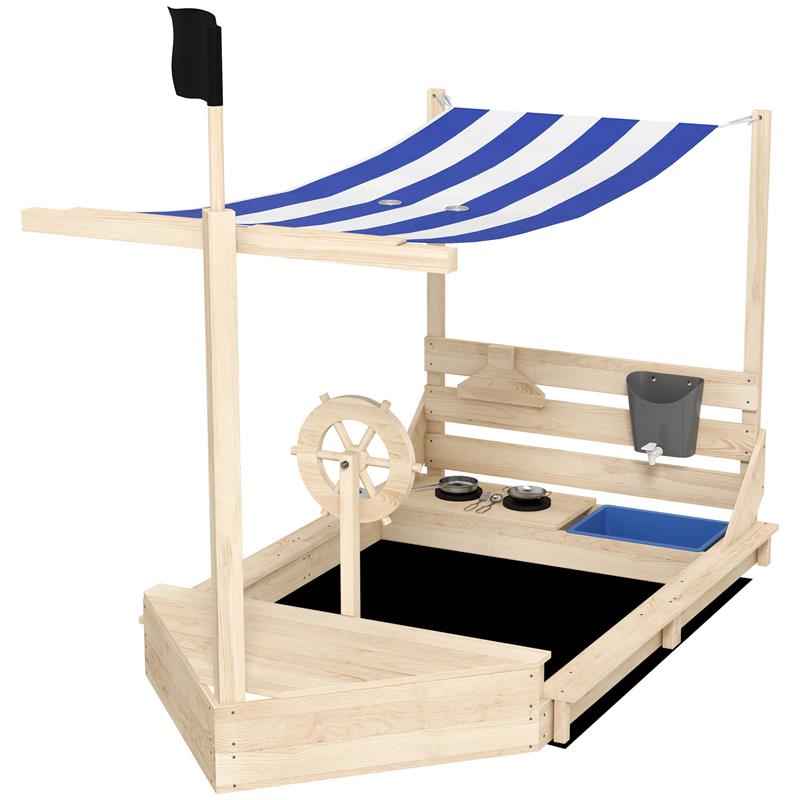 Image of SABBIERA PER BAMBINI 3-7 ANNI CON TETTUCCIO E SET DA CUCINA, IN LEGNO DI ABETE, 180X103X144.5 CM