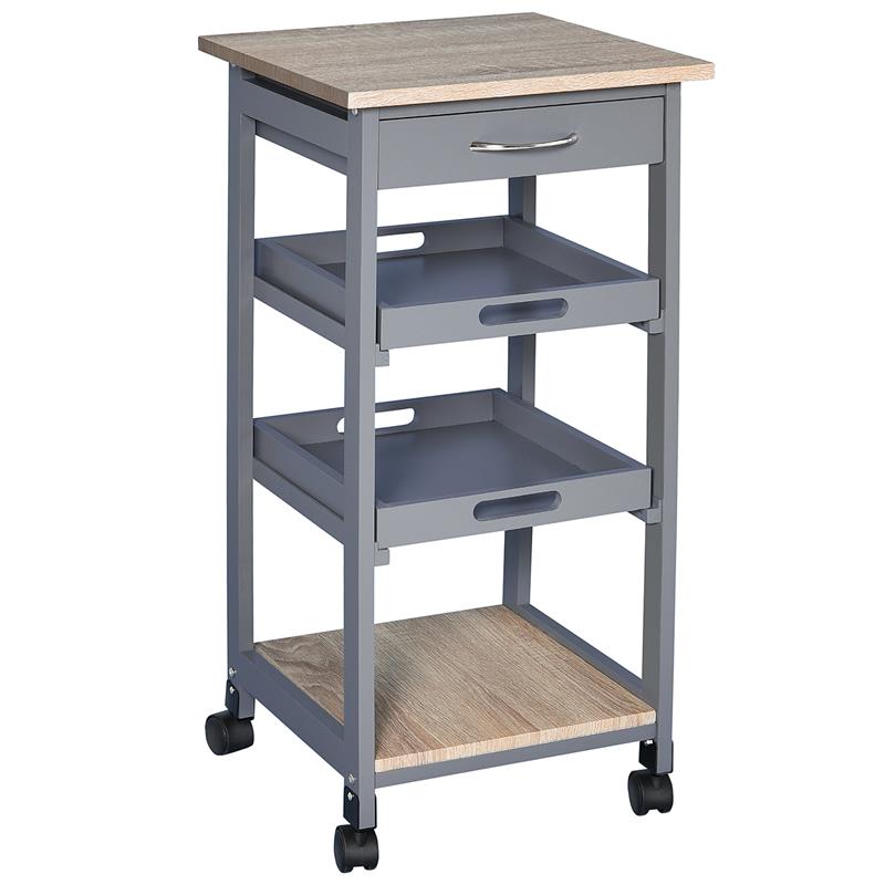 Image of CARRELLO DA CUCINA CON CASSETTO, 2 VASSOI ESTRAIBILI E RIPIANO FISSO, IN LEGNO DI PINO E MDF, 37X37X76 CM
