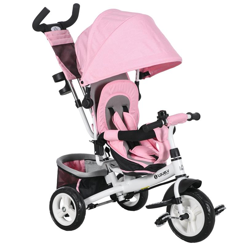 Image of TRICICLO PER BAMBINI 1-5 ANNI CON MANIGLIONE E TETTUCCIO REGOLABILE, 102X49X102 CM, BIANCO E ROSA
