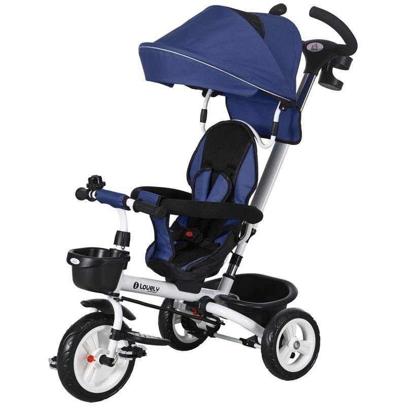 Image of TRICICLO PASSEGGINO PER BAMBINI CON MANIGLIONE, PARASOLE REGOLABILE E CINTURA DI SICUREZZA, BLU SCURO