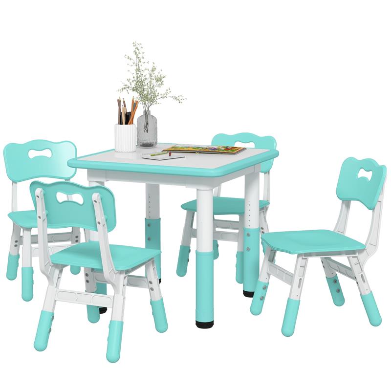 Image of SET TAVOLO E SEDIE PER BAMBINI 5PZ CON 4 SEDIE REGOLABILI 32X36X52.5-56 CM E TAVOLO 60X60X46-58 CM, VERDE