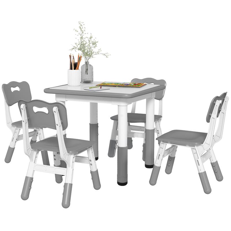 Image of SET TAVOLO E SEDIE PER BAMBINI 5PZ CON 4 SEDIE REGOLABILI 32X36X52.5-56 CM E TAVOLO 60X60X46-58 CM, GRIGIO
