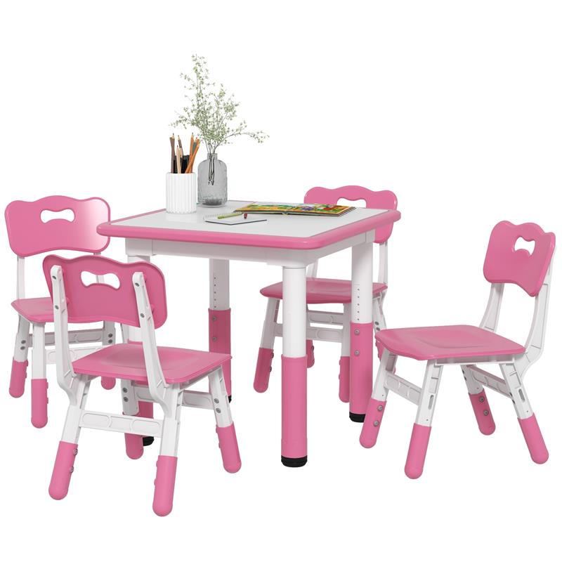 Image of SET TAVOLO E SEDIE PER BAMBINI 5PZ CON 4 SEDIE REGOLABILI 32X36X52.5-56 CM E TAVOLO 60X60X46-58 CM, ROSA
