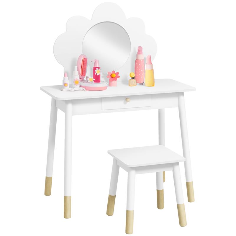 Image of SET DA TRUCCO PER BAMBINE 3-6 ANNI CON SGABELLO E TAVOLO TOELETTA CON SPECCHIO E CASSETTO IN LEGNO BIANCO