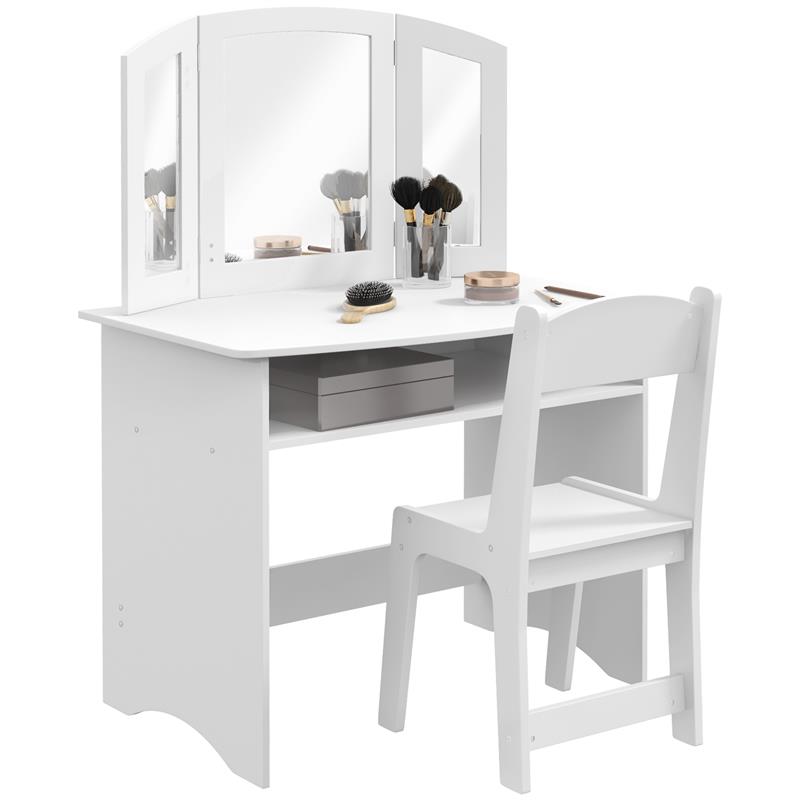 Image of SET DA TRUCCO PER BAMBINI CON TAVOLO TOELETTA CON SPECCHIO TRIPLO RIMOVIBILE E SEDIA IN LEGNO BIANCO