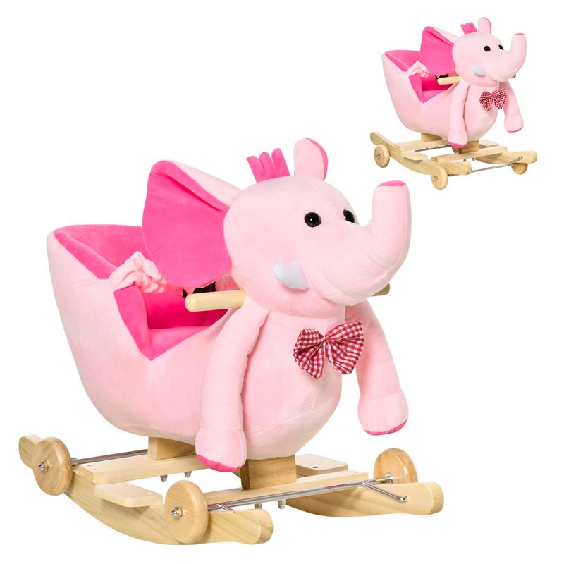 Image of ANIMALE A DONDOLO A FORMA DI ELEFANTE CON ROTELLE E CINTURA, IN PELUCHE, LEGNO E ACCIAIO, 60X35X45 CM, ROSA
