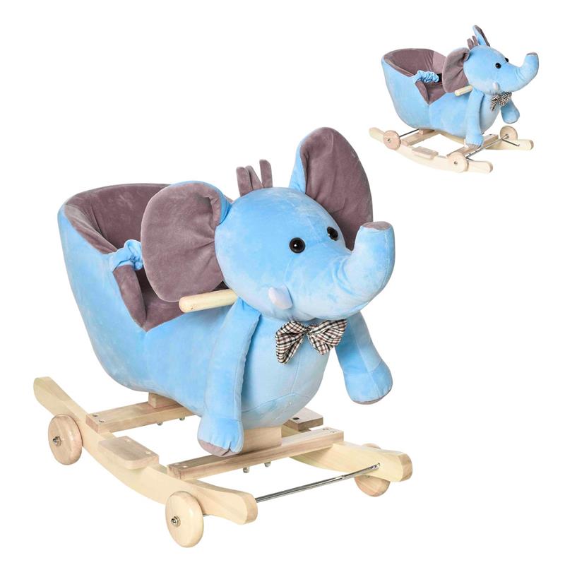 Image of ANIMALE A DONDOLO A FORMA DI ELEFANTE CON ROTELLE E CINTURA, IN PELUCHE, LEGNO E ACCIAIO, 60X35X45 CM, BLU