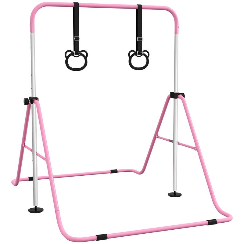 Image of SBARRA GINNASTICA ARTISTICA PER BAMBINI AD ALTEZZA REGOLABILE CON 2 ANELLI, IN ACCIAIO, 148X105X88-128 CM, ROSA