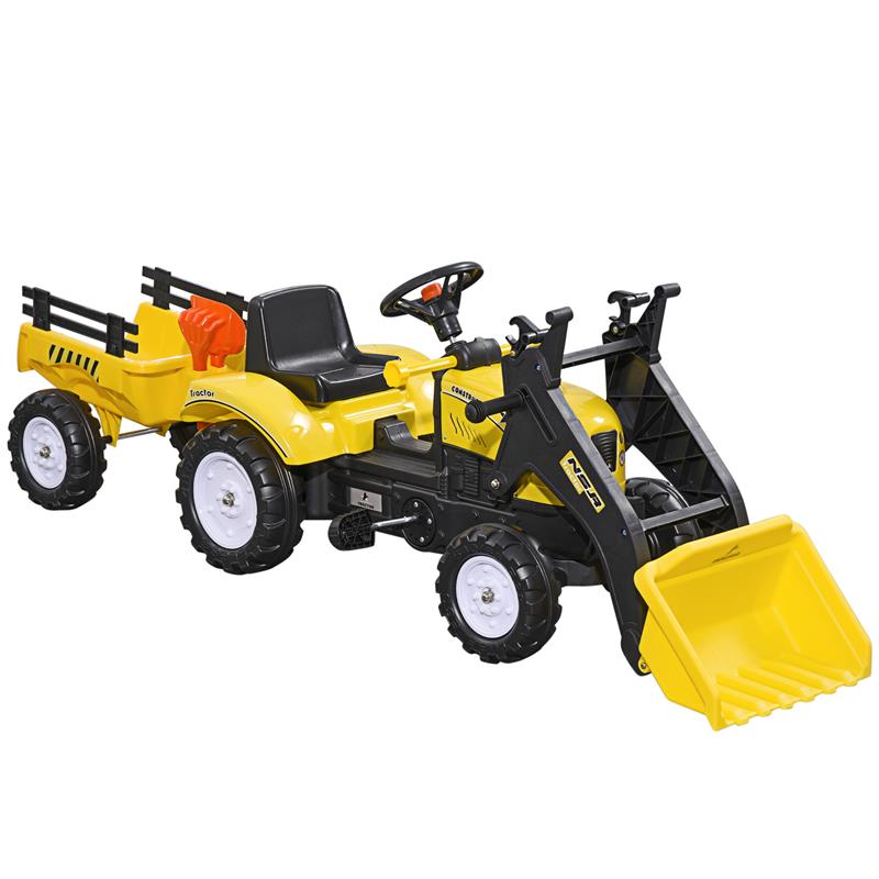 Image of ESCAVATORE A PEDALI PER BAMBINI DA 3 ANNI CON RUSPA FRONTALE, RIMORCHIO E 6 RUOTE, GIALLO