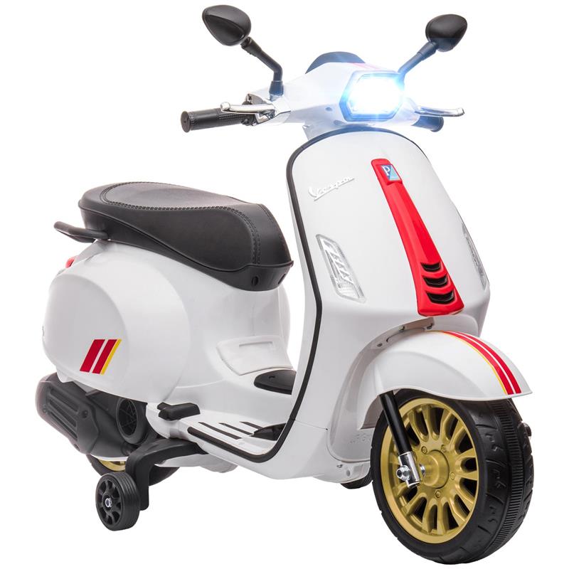 Image of MOTO ELETTRICA PER BAMBINI A LICENZA VESPA CON ROTELLE, FANALE E MUSICA, IN PP E METALLO, 107X47X73 CM, BIANCO