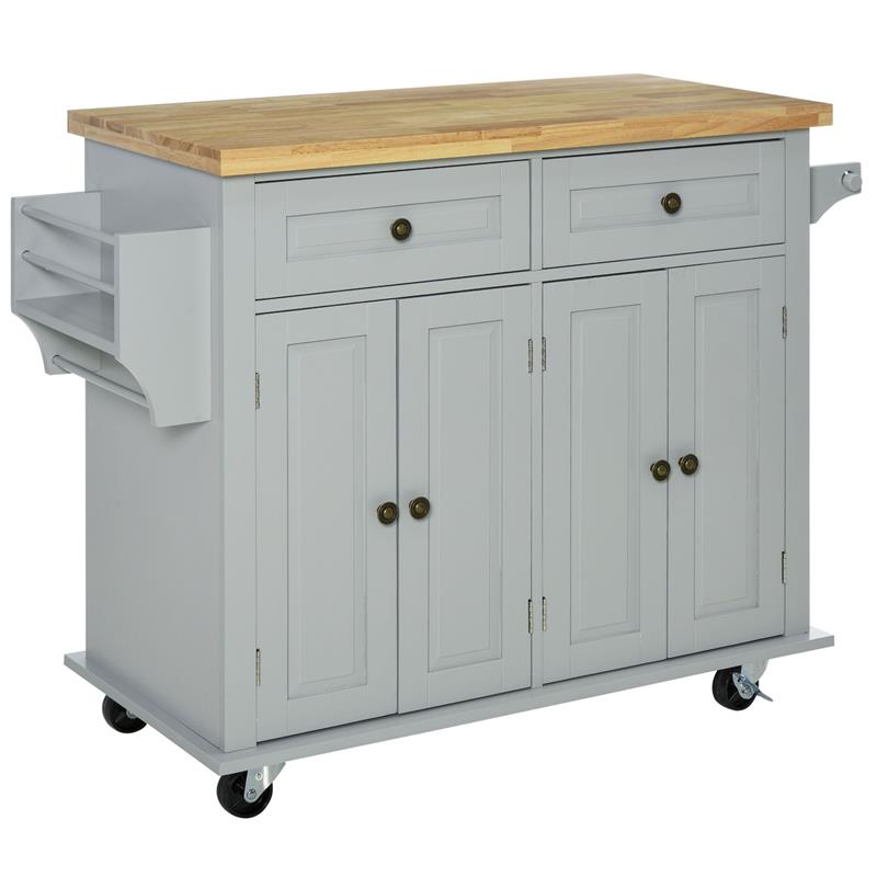 Image of CARRELLO DA CUCINA CON 2 CASSETTI E 2 ARMADIETTI, PIANO IN LEGNO, PORTASPEZIE E PORTA CANOVACCI, GRIGIO